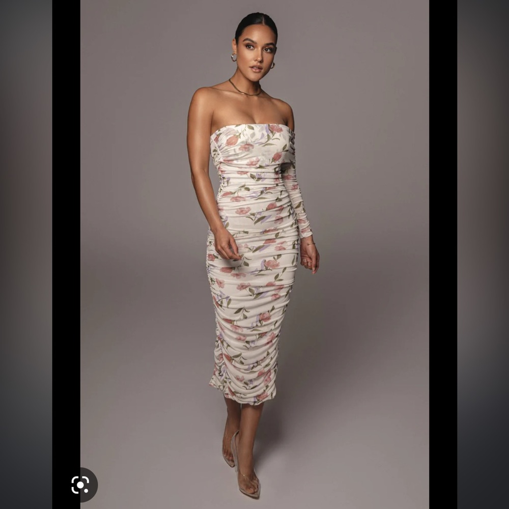 JLuxlabel White Floral One Sleeve Ruched Maxi Dress